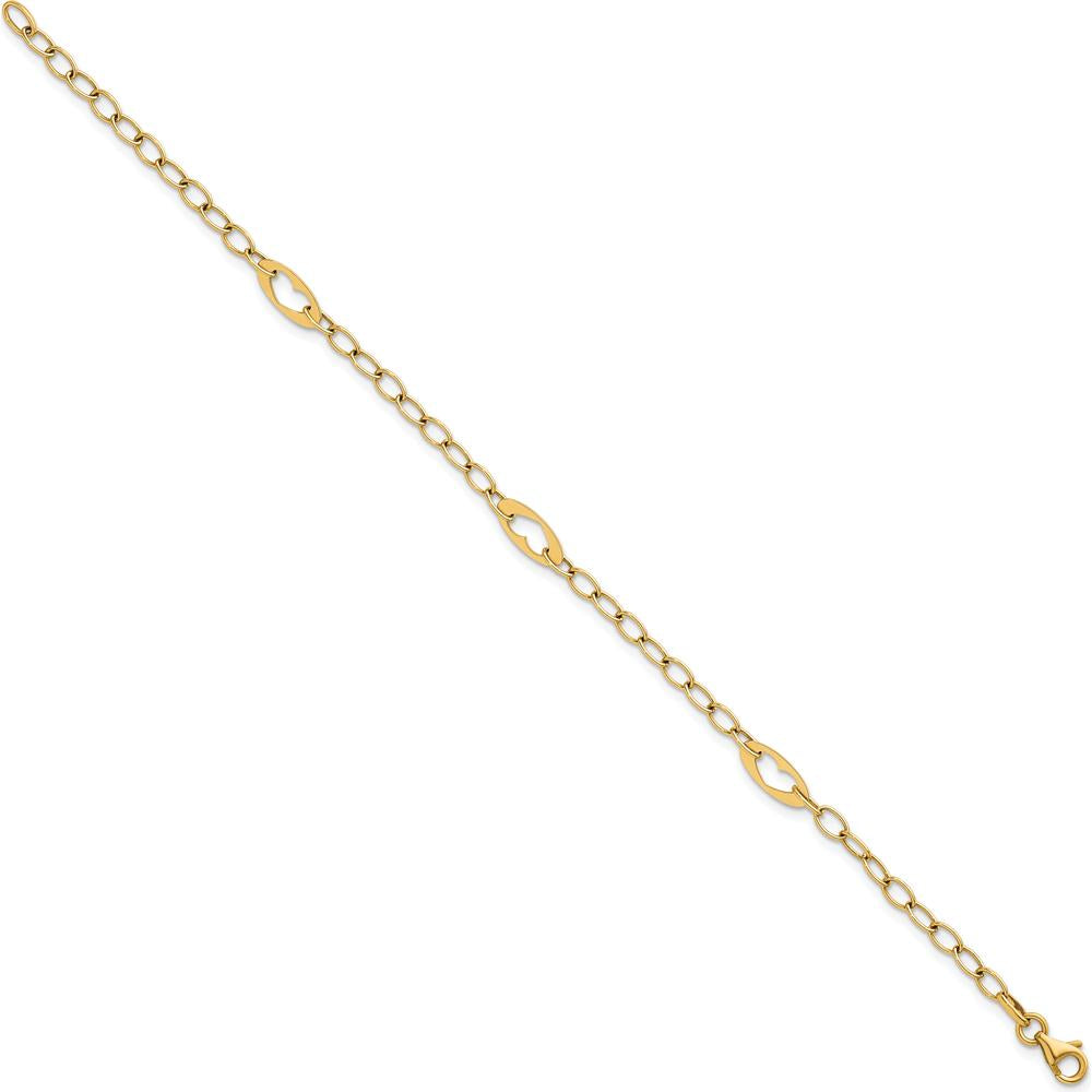 14K Yellow Gold 7.25" Cable Link Bracelet with Polished Cut-Out Heart Motifs by 0