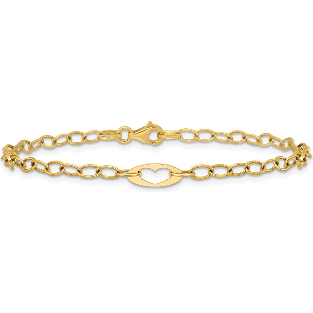 14K Yellow Gold 7.25" Cable Link Bracelet with Polished Cut-Out Heart Motifs by 0