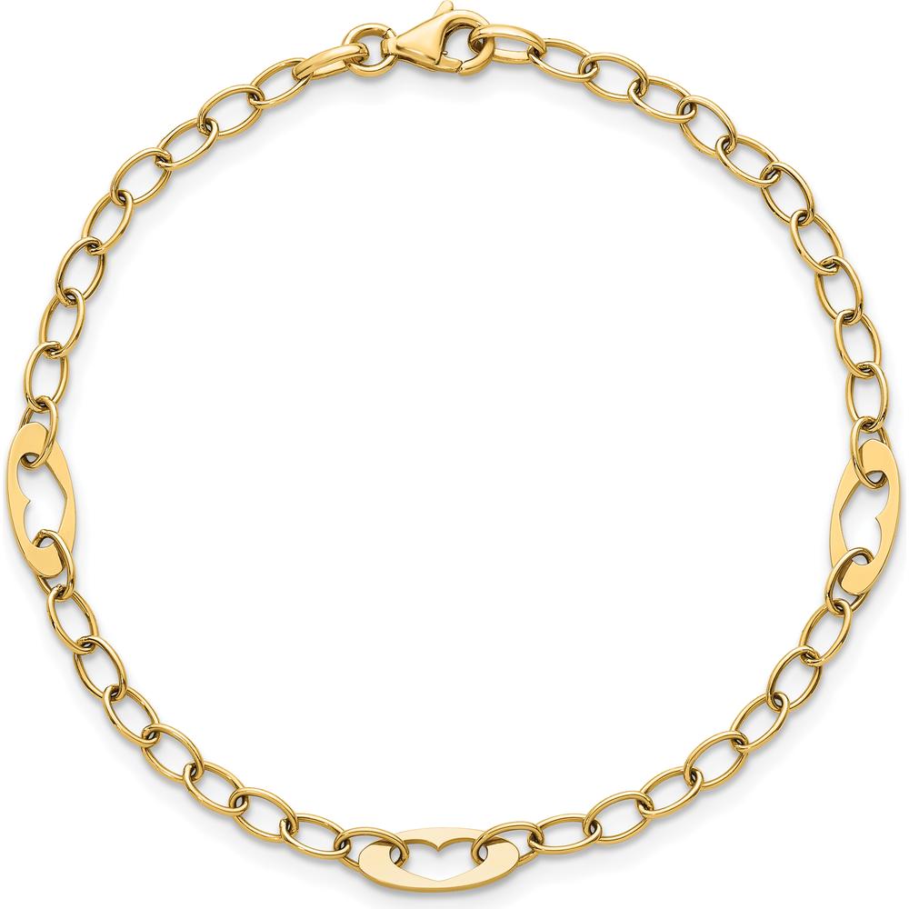 14K Yellow Gold 7.25" Cable Link Bracelet with Polished Cut-Out Heart Motifs by 0
