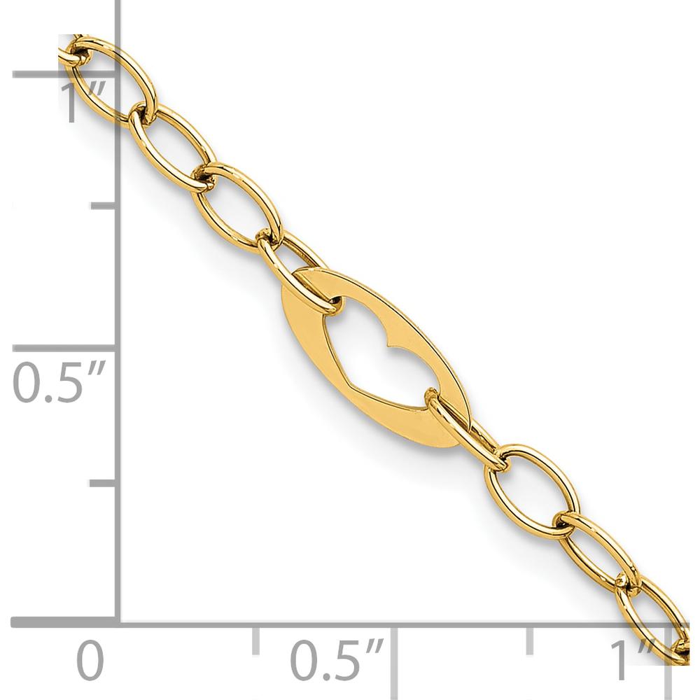 14K Yellow Gold 7.25" Cable Link Bracelet with Polished Cut-Out Heart Motifs by 0
