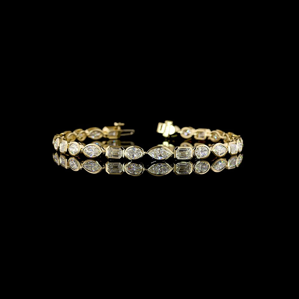 14K Yellow Gold 7.25 Carat Mixed Shape Tennis Bracelet with Bezel Set Marquise, Emerald, and Oval Lab Diamonds - E-F Color VS Clarity - Covaloro Fine Jewelry