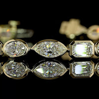 14K Yellow Gold 7.25 Carat Mixed Shape Tennis Bracelet with Bezel Set Marquise, Emerald, and Oval Lab Diamonds - E-F Color VS Clarity - Covaloro Fine Jewelry