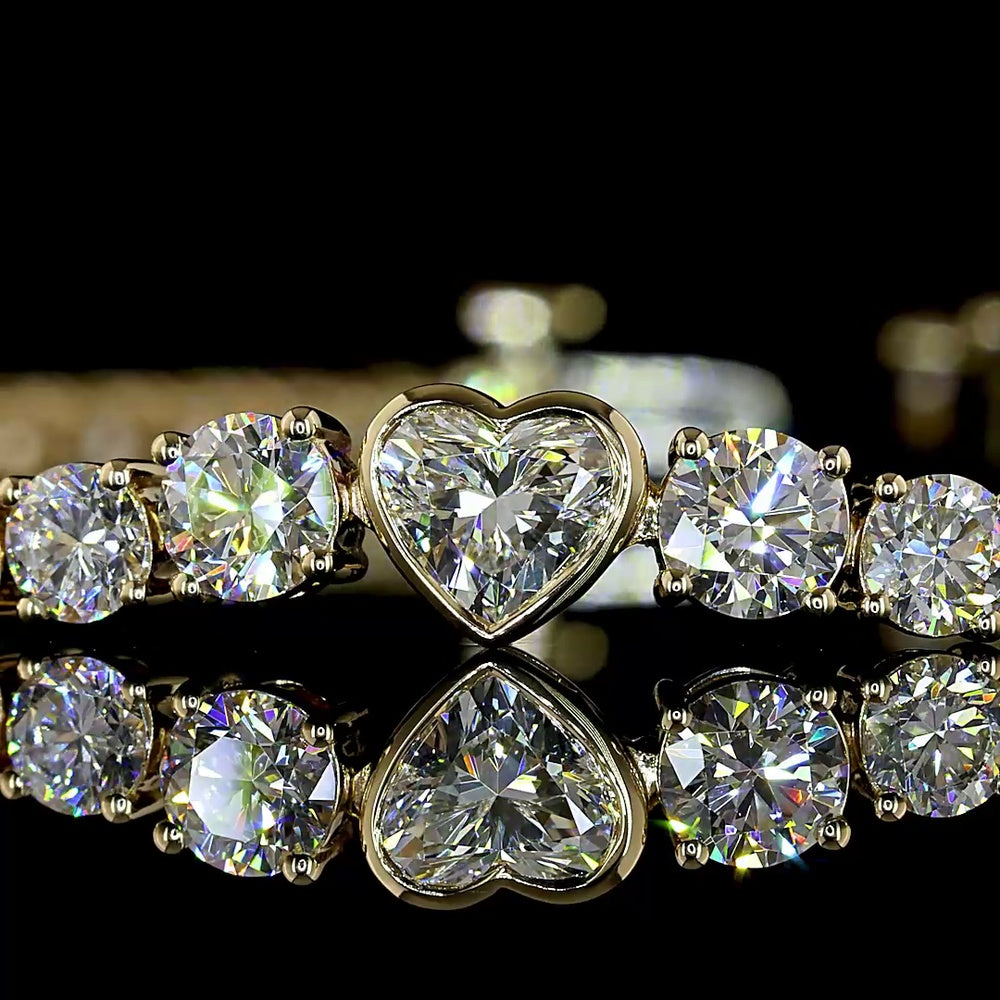 14K Yellow Gold 7.25" Heart Motif Tennis Bracelet with 0.33 Carats Heart Shape Lab Diamond and 58 Total Round Brilliant Lab Diamonds - 6.13 Carats Total Diamond Weight - Covaloro Fine Jewelry