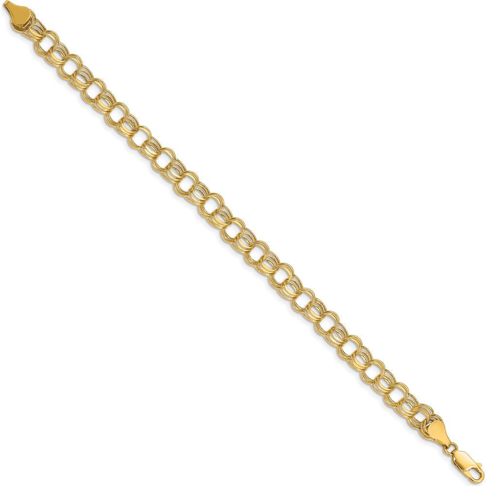 14K Yellow Gold 7.25" Hollow Triple Link Charm Bracelet with Diamond-Cut Texture by 0
