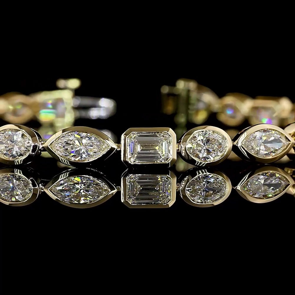 14K Yellow Gold 7.25" Mixed Shape Tennis Bracelet with Bezel Set Emerald, Marquise, and Oval Lab Diamonds - 8.24 Carats Total Diamond Weight - Covaloro Fine Jewelry