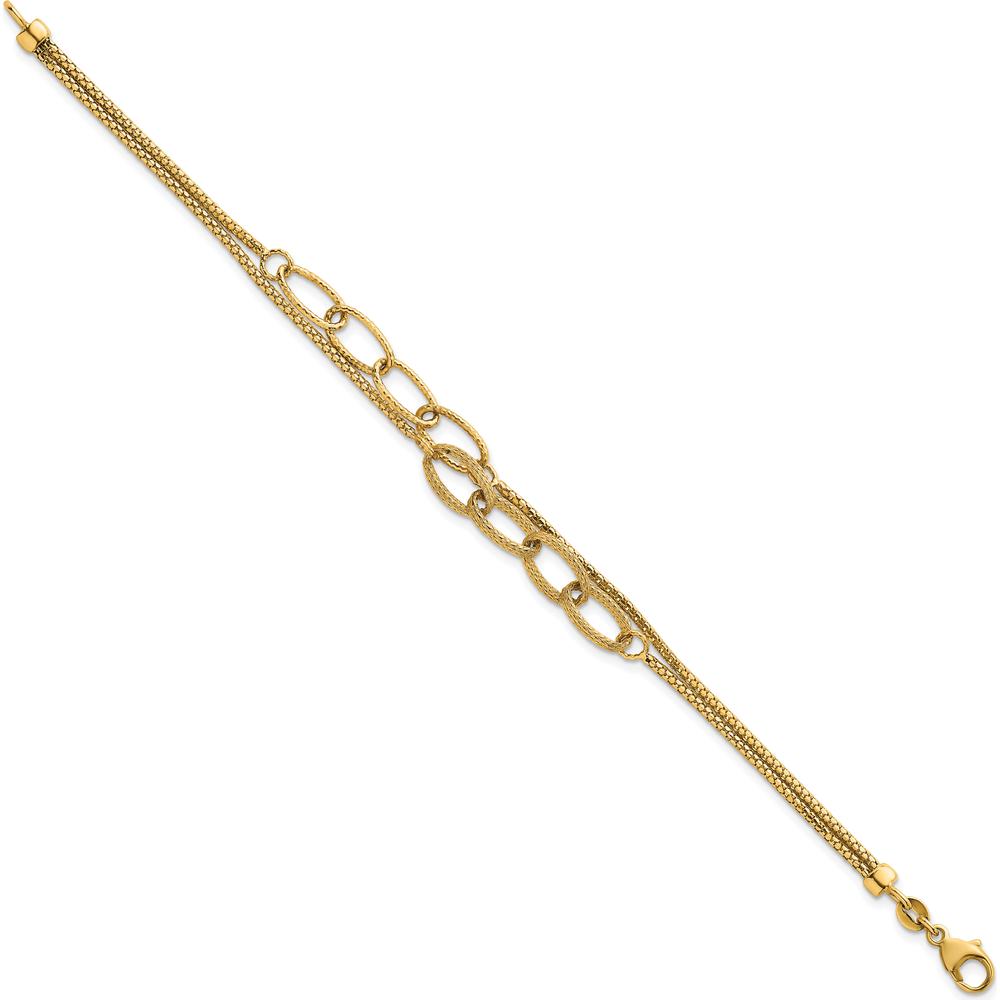 14K Yellow Gold 7.25" Polished and Textured Woven Double Strand Bracelet with Oval Links by 0