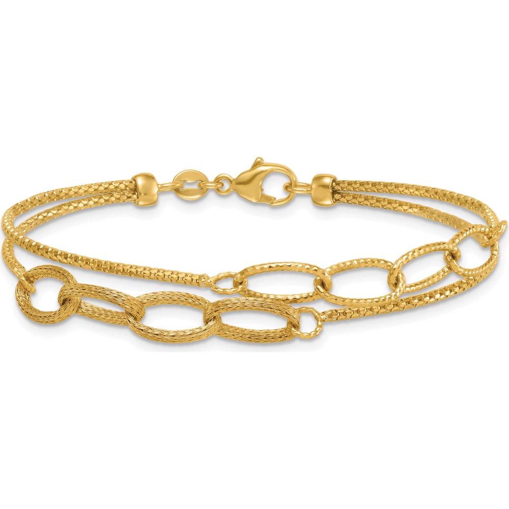 14K Yellow Gold 7.25" Polished and Textured Woven Double Strand Bracelet with Oval Links by 0