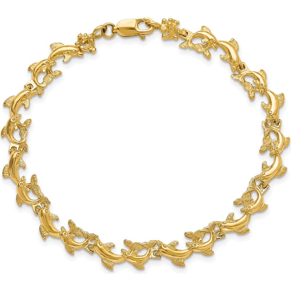14K Yellow Gold 7.25" Polished Dolphin Bracelet with Stations by Oro Pregiato
