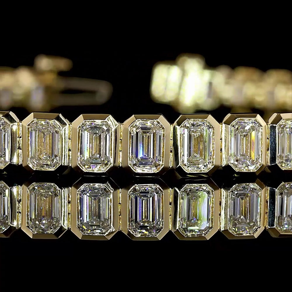 14K Yellow Gold 7.25" Tennis Bracelet with Bezel Set Emerald Cut Lab Diamonds - 8.01 Carat Total Weight - Covaloro Fine Jewelry