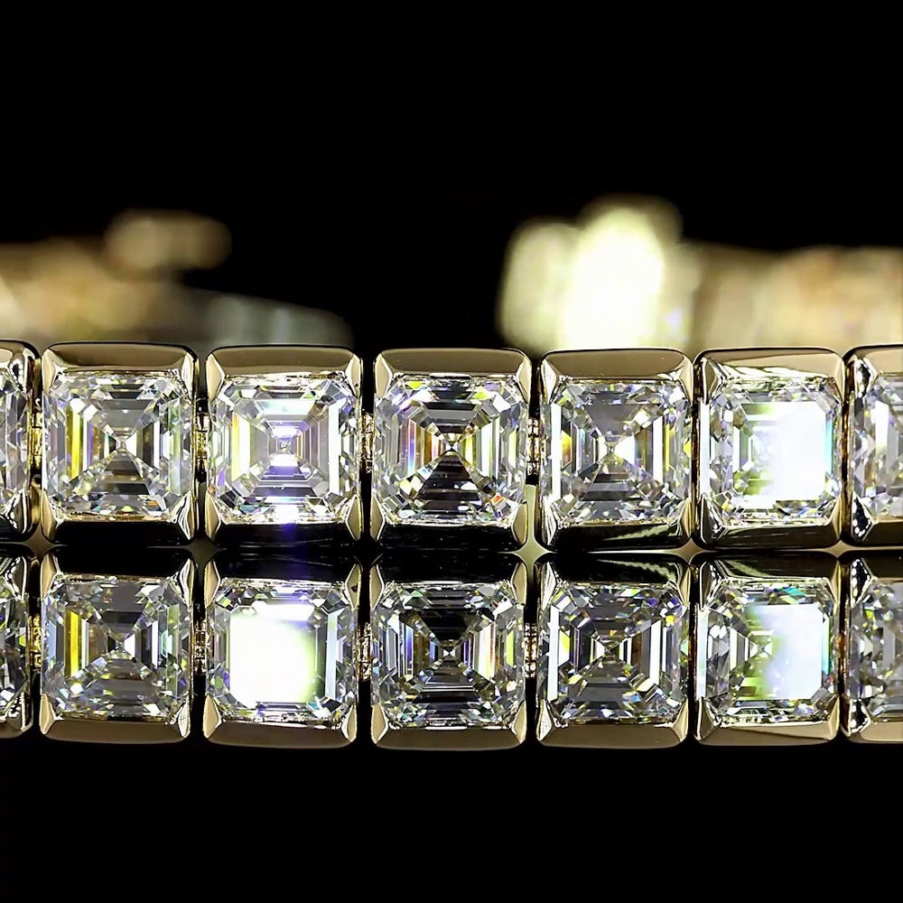14K Yellow Gold 7.25" Tennis Bracelet with Half Bezel Set Asscher Cut Lab Diamonds - 13.77 Carat Total Weight, E-F Color VS Clarity - Covaloro Fine Jewelry