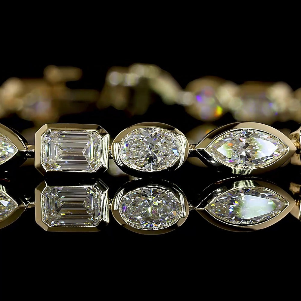 14K Yellow Gold 7.28 Carat Mixed Shape Tennis Bracelet with Bezel Set Emerald, Marquise, and Oval Lab Diamonds (E-F, VS) - 25 Stones Total - Covaloro Fine Jewelry