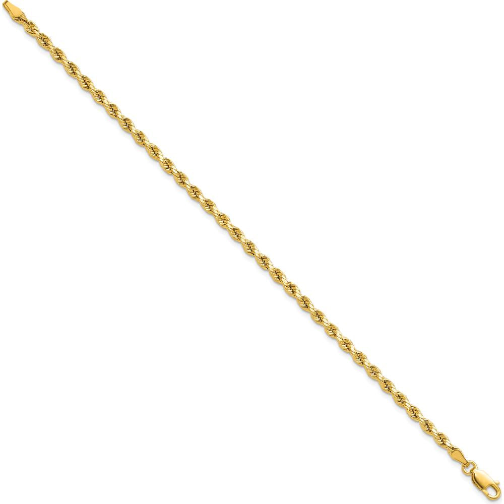14K Yellow Gold 7" 3mm Semi-Solid Diamond-Cut Rope Chain Bracelet with Lobster Clasp by Oro Pregiato