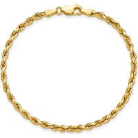 14K Yellow Gold 7" 3mm Semi-Solid Diamond-Cut Rope Chain Bracelet with Lobster Clasp by Oro Pregiato
