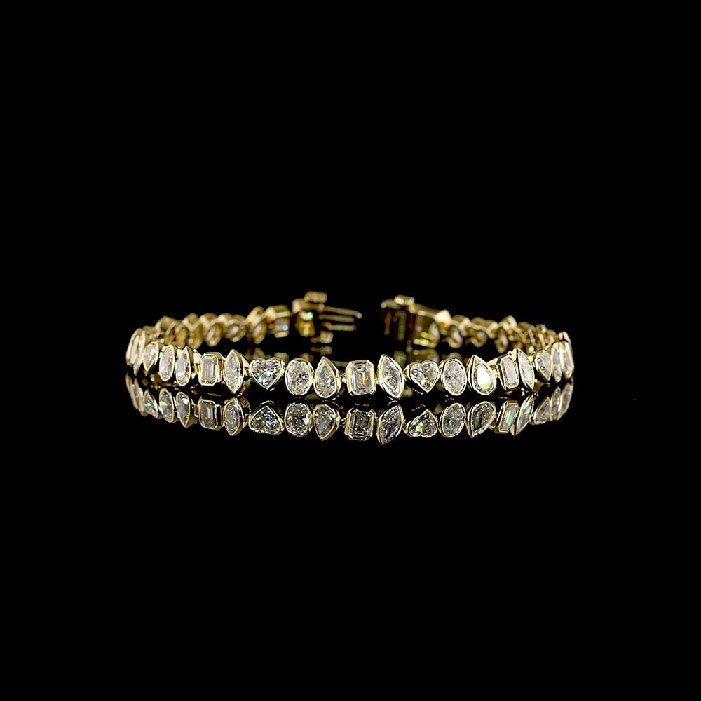 14K Yellow Gold 7.41 Carats Mixed Shape Tennis Bracelet with Bezel Set Lab Diamonds (Emerald, Heart, and Oval) - E-F VS1 Clarity - Covaloro Fine Jewelry