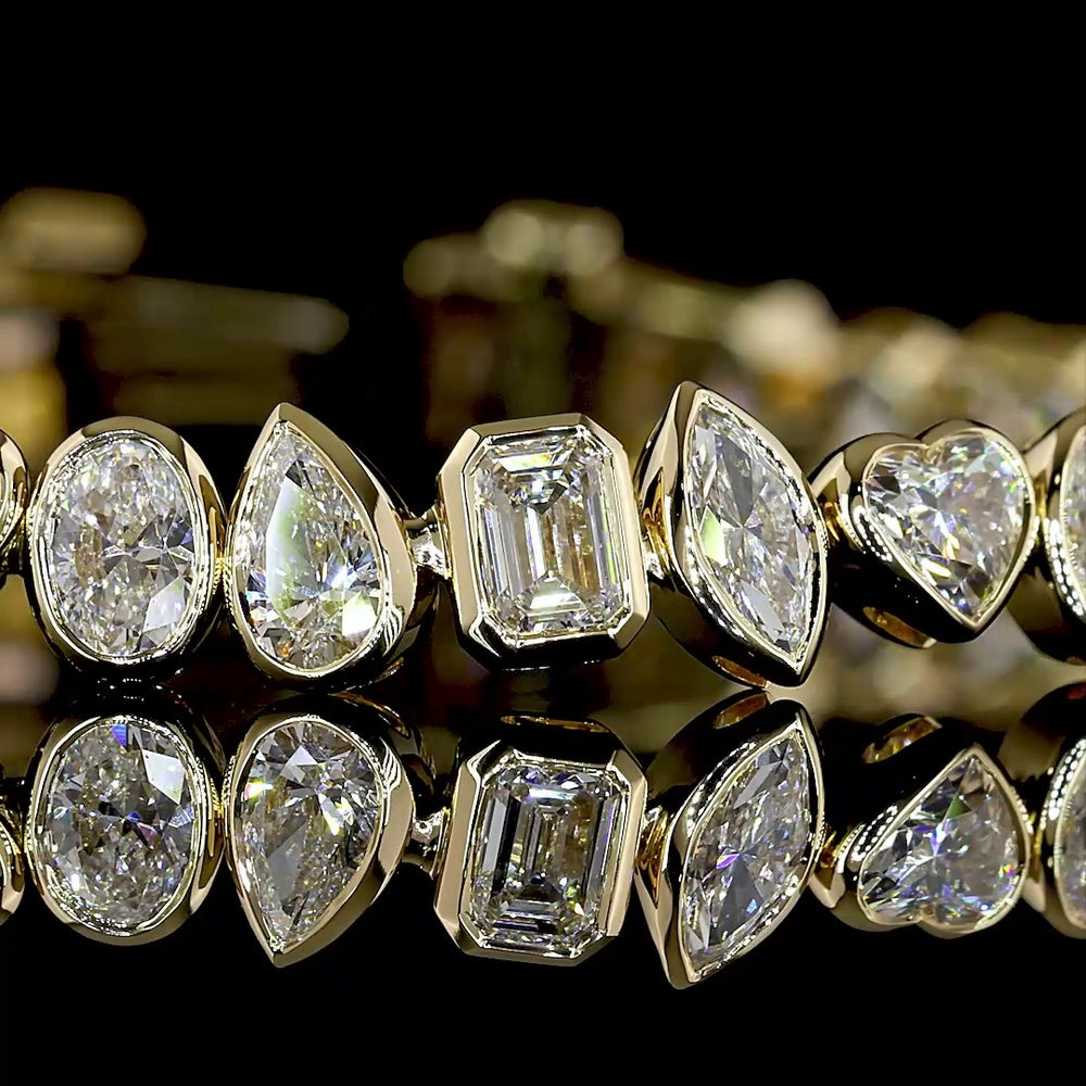 14K Yellow Gold 7.41 Carats Mixed Shape Tennis Bracelet with Bezel Set Lab Diamonds (Emerald, Heart, and Oval) - E-F VS1 Clarity - Covaloro Fine Jewelry