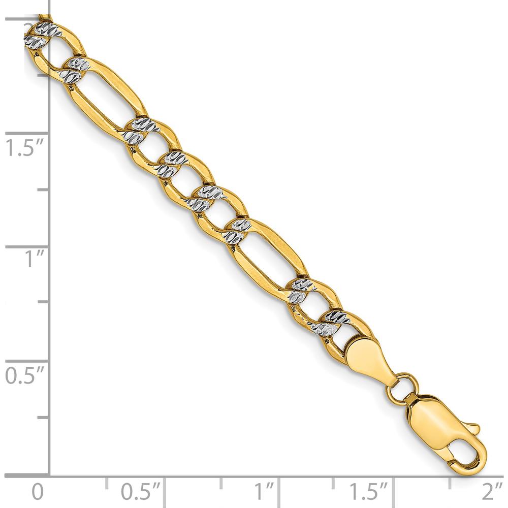 14K Yellow Gold 7" 5.25mm Semi-Solid Rhodium Pavé Figaro Chain Bracelet with Lobster Clasp by Oro Pregiato