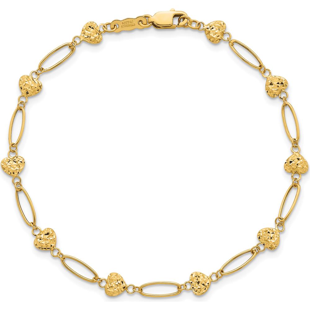 14K Yellow Gold 7.5" Bracelet with Diamond-Cut Puffed Heart Links by 0