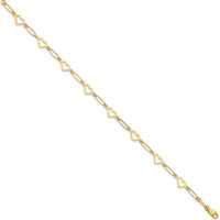14K Yellow Gold 7.5" Bracelet with Polished Oval Links and Open Heart Stations by 0
