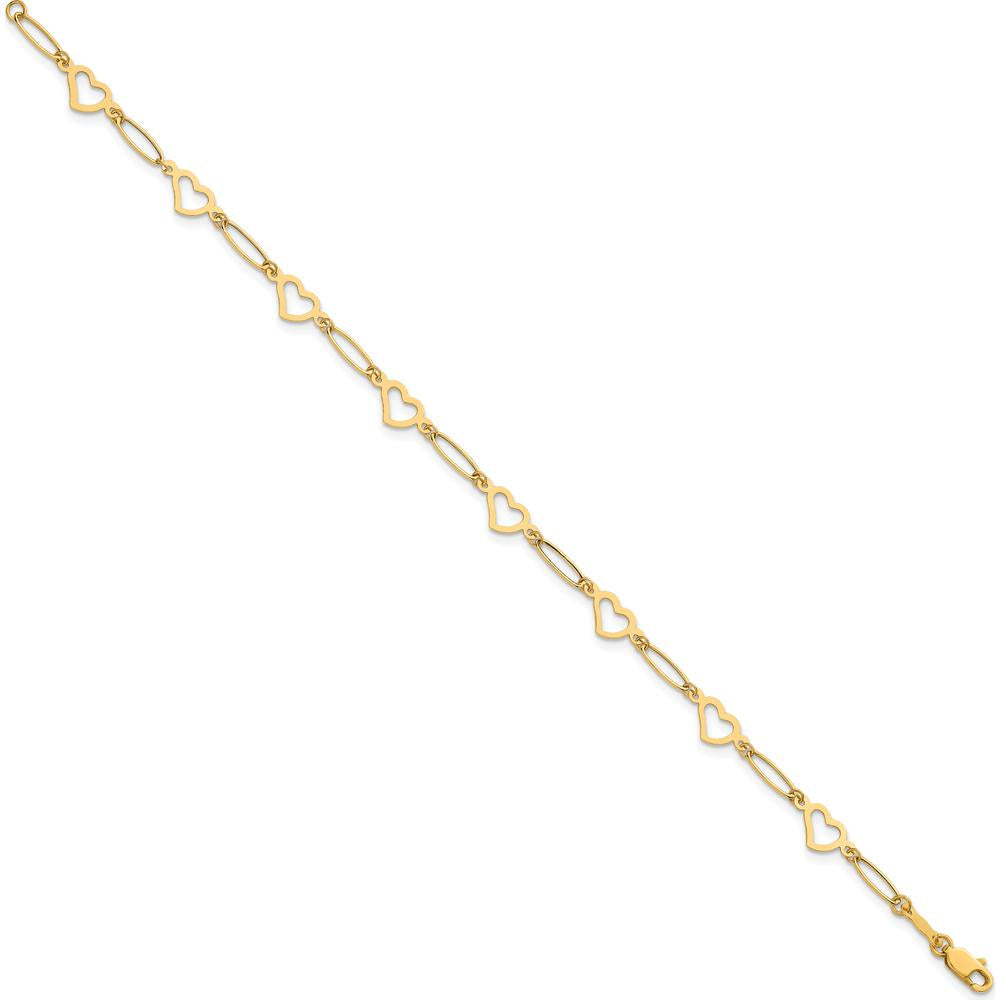 14K Yellow Gold 7.5" Bracelet with Polished Oval Links and Open Heart Stations by 0