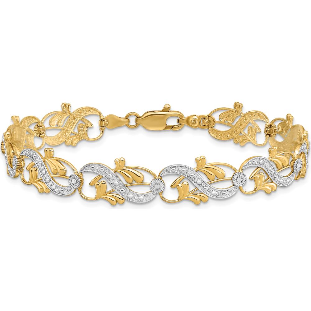 14K Yellow Gold 7.5" Diamond-Cut Fancy Waves and Leaves Bracelet by Oro Pregiato