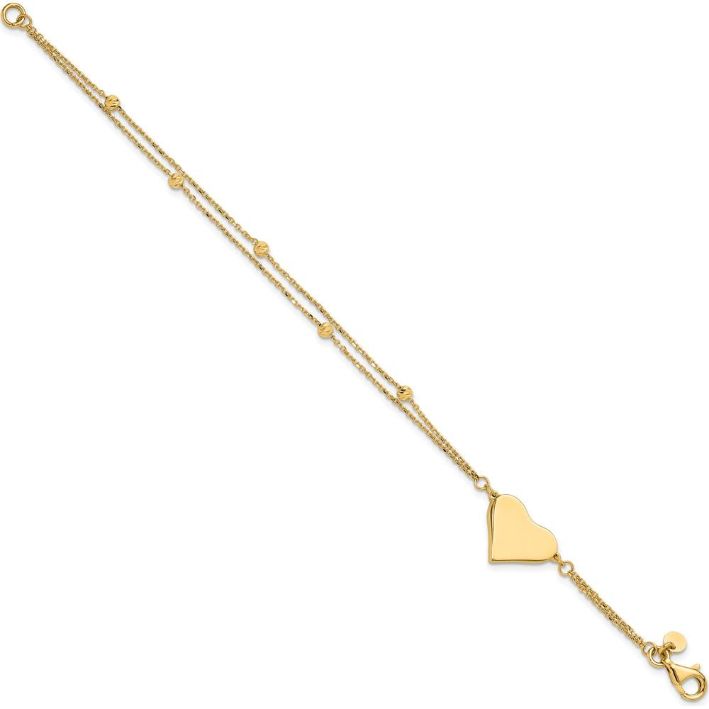 14K Yellow Gold 7.5" Double Strand Bracelet with Polished Engravable Heart and Diamond-Cut Beaded Accents by 0