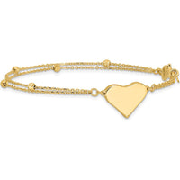 14K Yellow Gold 7.5" Double Strand Bracelet with Polished Engravable Heart and Diamond-Cut Beaded Accents by 0