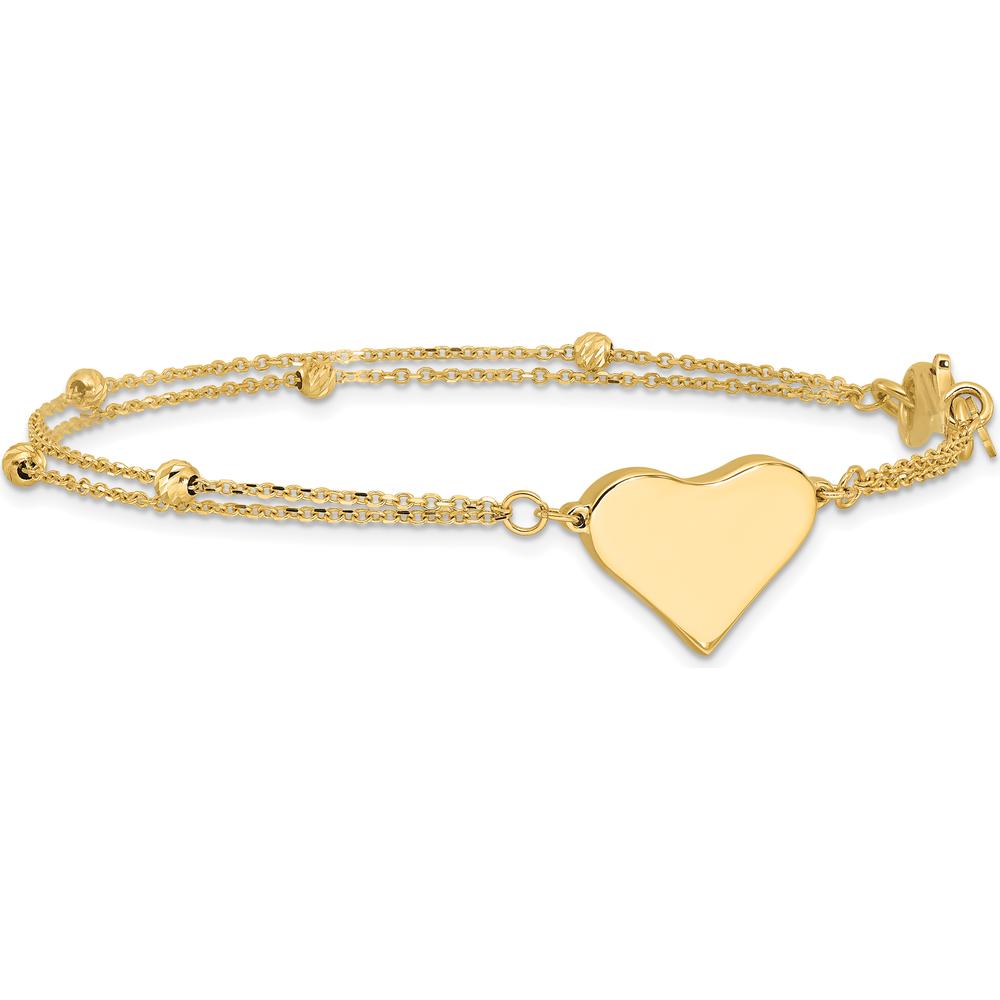 14K Yellow Gold 7.5" Double Strand Bracelet with Polished Engravable Heart and Diamond-Cut Beaded Accents by 0