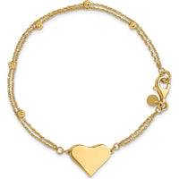 14K Yellow Gold 7.5" Double Strand Bracelet with Polished Engravable Heart and Diamond-Cut Beaded Accents by 0