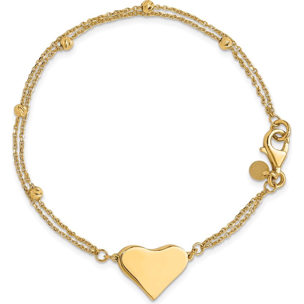 14K Yellow Gold 7.5" Double Strand Bracelet with Polished Engravable Heart and Diamond-Cut Beaded Accents by 0