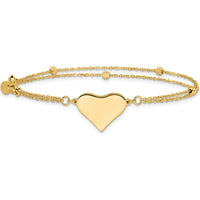 14K Yellow Gold 7.5" Double Strand Bracelet with Polished Engravable Heart and Diamond-Cut Beaded Accents by 0