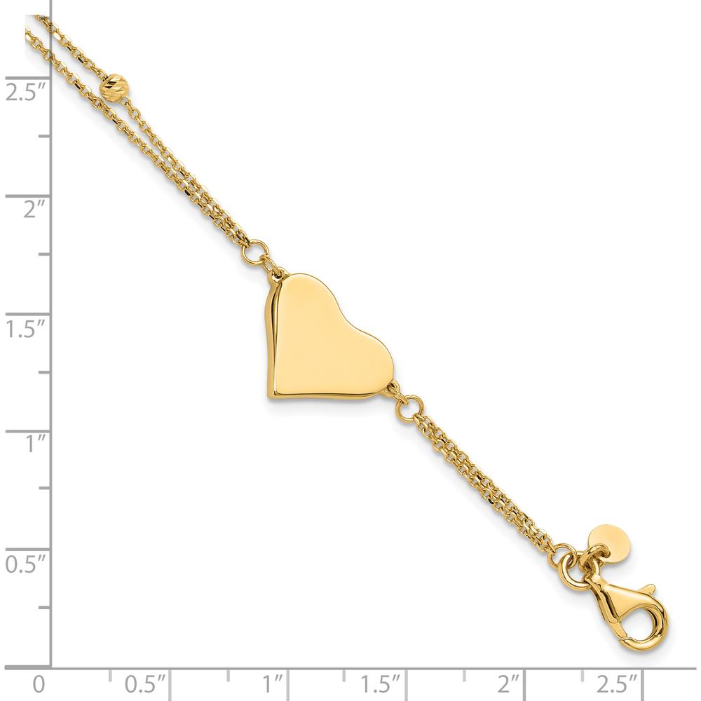 14K Yellow Gold 7.5" Double Strand Bracelet with Polished Engravable Heart and Diamond-Cut Beaded Accents by 0