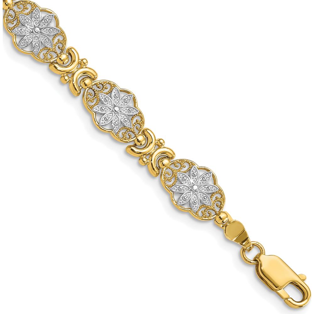 14K Yellow Gold 7.5" Fancy Floral Link Bracelet with White Rhodium Accents by Oro Pregiato