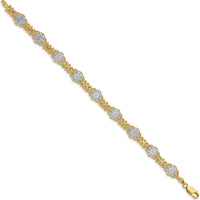 14K Yellow Gold 7.5" Fancy Floral Link Bracelet with White Rhodium Accents by Oro Pregiato