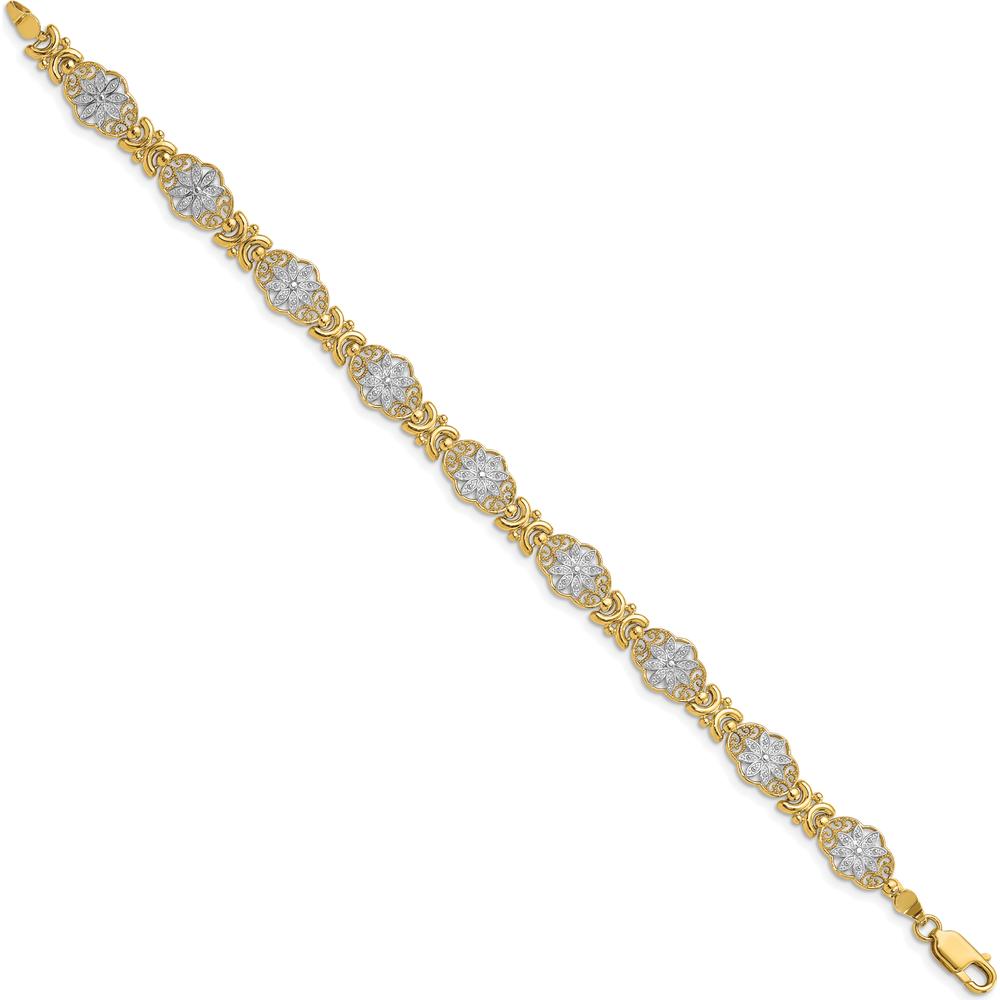 14K Yellow Gold 7.5" Fancy Floral Link Bracelet with White Rhodium Accents by Oro Pregiato