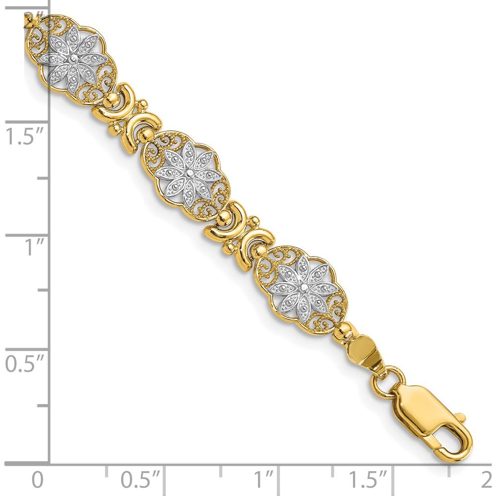 14K Yellow Gold 7.5" Fancy Floral Link Bracelet with White Rhodium Accents by Oro Pregiato