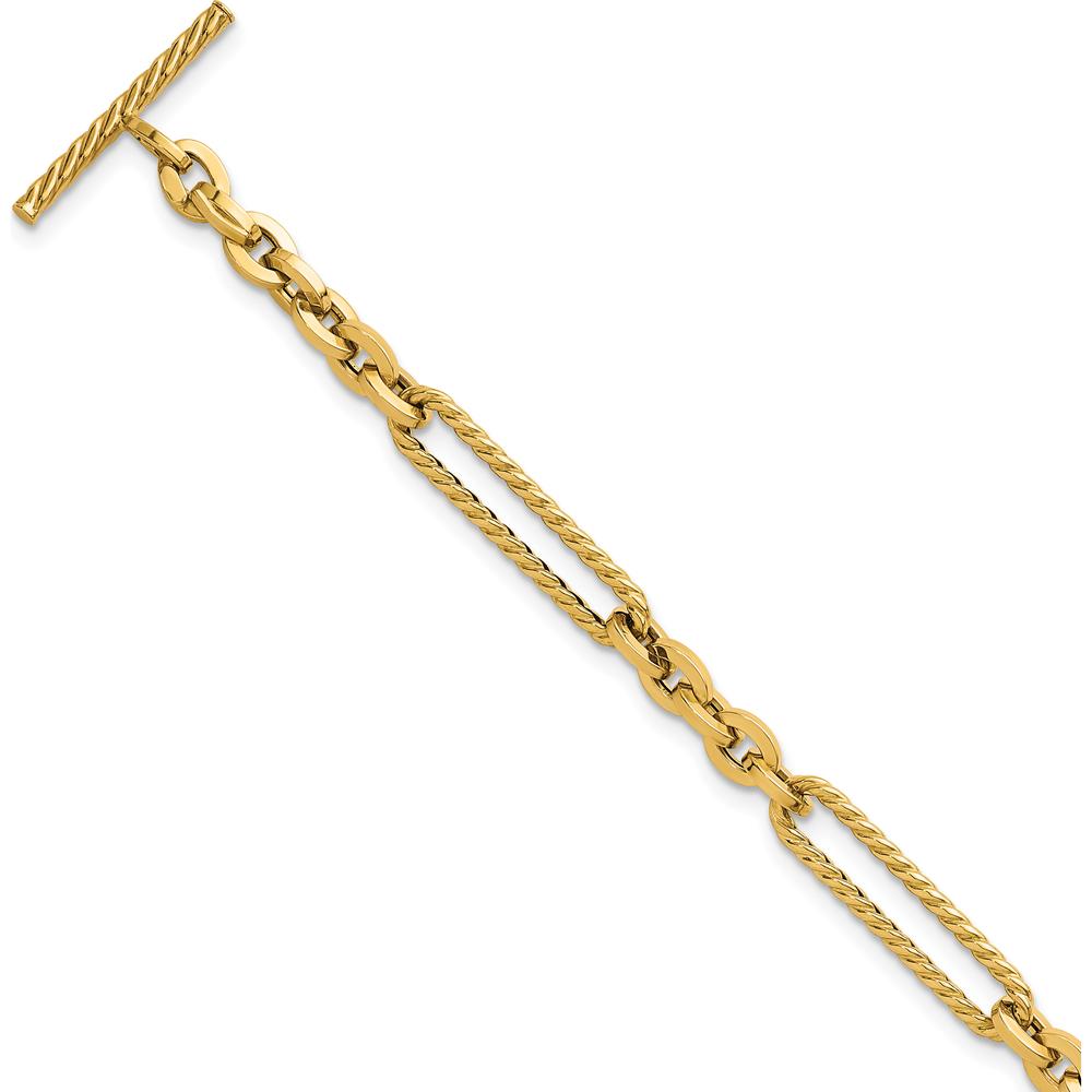 14K Yellow Gold 7.5" Fancy Link Bracelet with Textured Rope Toggle Clasp by 0