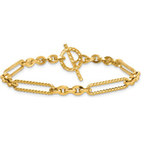 14K Yellow Gold 7.5" Fancy Link Bracelet with Textured Rope Toggle Clasp by 0