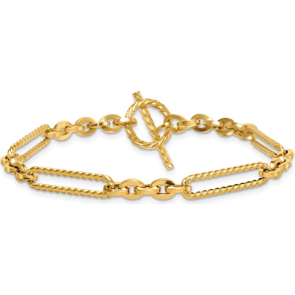 14K Yellow Gold 7.5" Fancy Link Bracelet with Textured Rope Toggle Clasp by 0