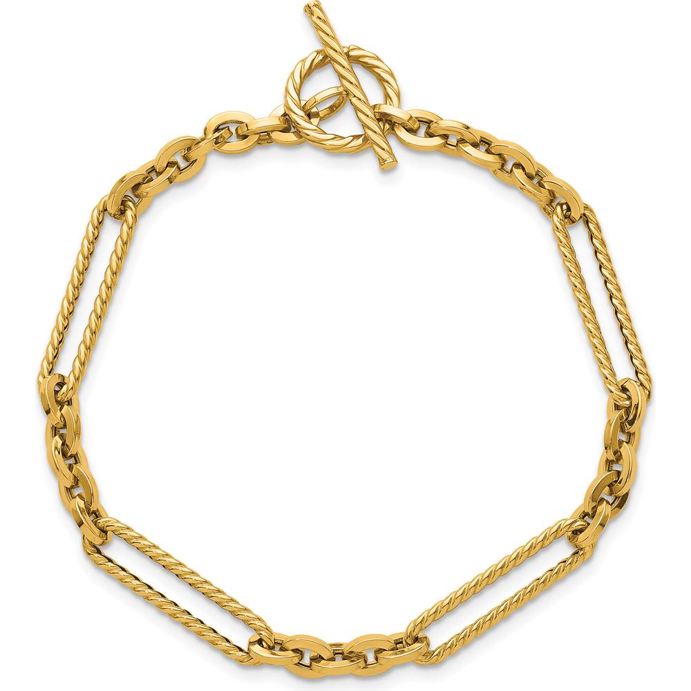 14K Yellow Gold 7.5" Fancy Link Bracelet with Textured Rope Toggle Clasp by 0