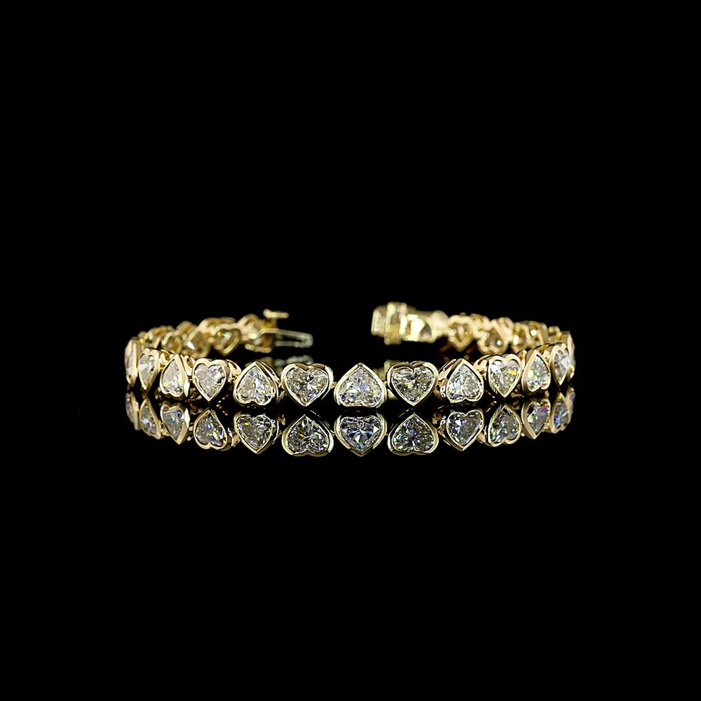 14K Yellow Gold 7.5" Heart Shape Tennis Bracelet with Bezel Set Lab Diamonds - 14.36 Carat Total Diamond Weight - Covaloro Fine Jewelry