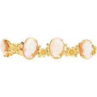 14K Yellow Gold 7.5 - Inch Cameo Bracelet with Floral Accents - Hand - Carved Agate Cameos