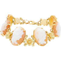 14K Yellow Gold 7.5 - Inch Cameo Bracelet with Floral Accents - Hand - Carved Agate Cameos