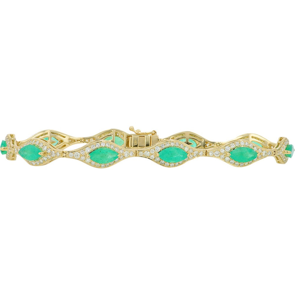 14K Yellow Gold 7.5-Inch Fancy Link Bracelet with Marquise-Cut Emeralds and Diamond Halo - 5.00 Carat Total Emerald Weight and 2.00 Carat Total Diamond Weight