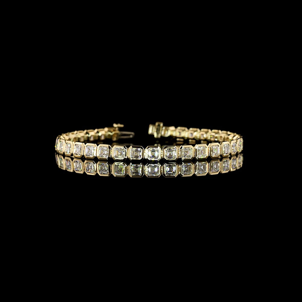 14K Yellow Gold 7.5-Inch Tennis Bracelet with Bezel Set Asscher Cut Lab Diamonds - 10.45 Carat Total Weight, E-F Color VS1 Clarity - Covaloro Fine Jewelry