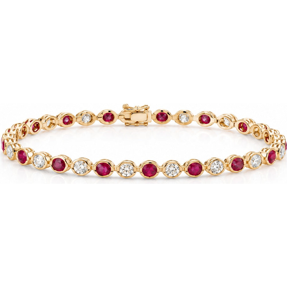 14K Yellow Gold 7.5 Inch Tennis Bracelet with Bezel Set Round Rubies and Diamonds - 3.32 Carat Total Ruby Weight and 2.56 Carat Total Diamond Weight by Auriventus