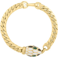 14K Yellow Gold 7.5" Le Serpent Curb Link Bracelet with Green and Black Enamel Snakehead Clasp by Orozza Fine Jewelry