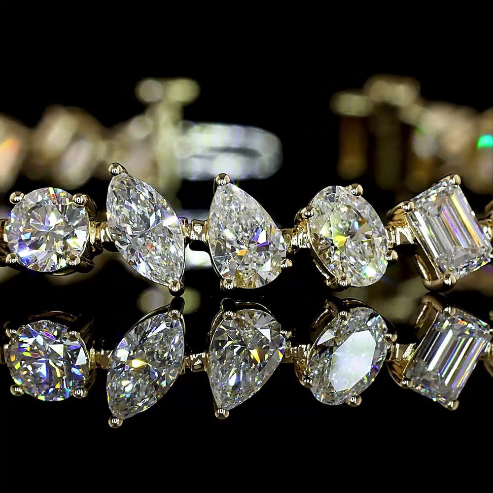 14K Yellow Gold 7.5" Mixed Shape Station Bracelet with Inclined Prong-Set Lab Diamonds (Oval, Emerald, Brilliant Round) - E-F VS1 Clarity, 8.70 Carat Total Weight - Covaloro Fine Jewelry
