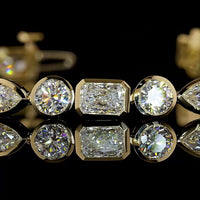 14K Yellow Gold 7.5" Mixed Shape Tennis Bracelet with Bezel Set East-West Marquise, Radiant, and Round Lab Diamonds - 8.1 Carat Total Weight - Covaloro Fine Jewelry