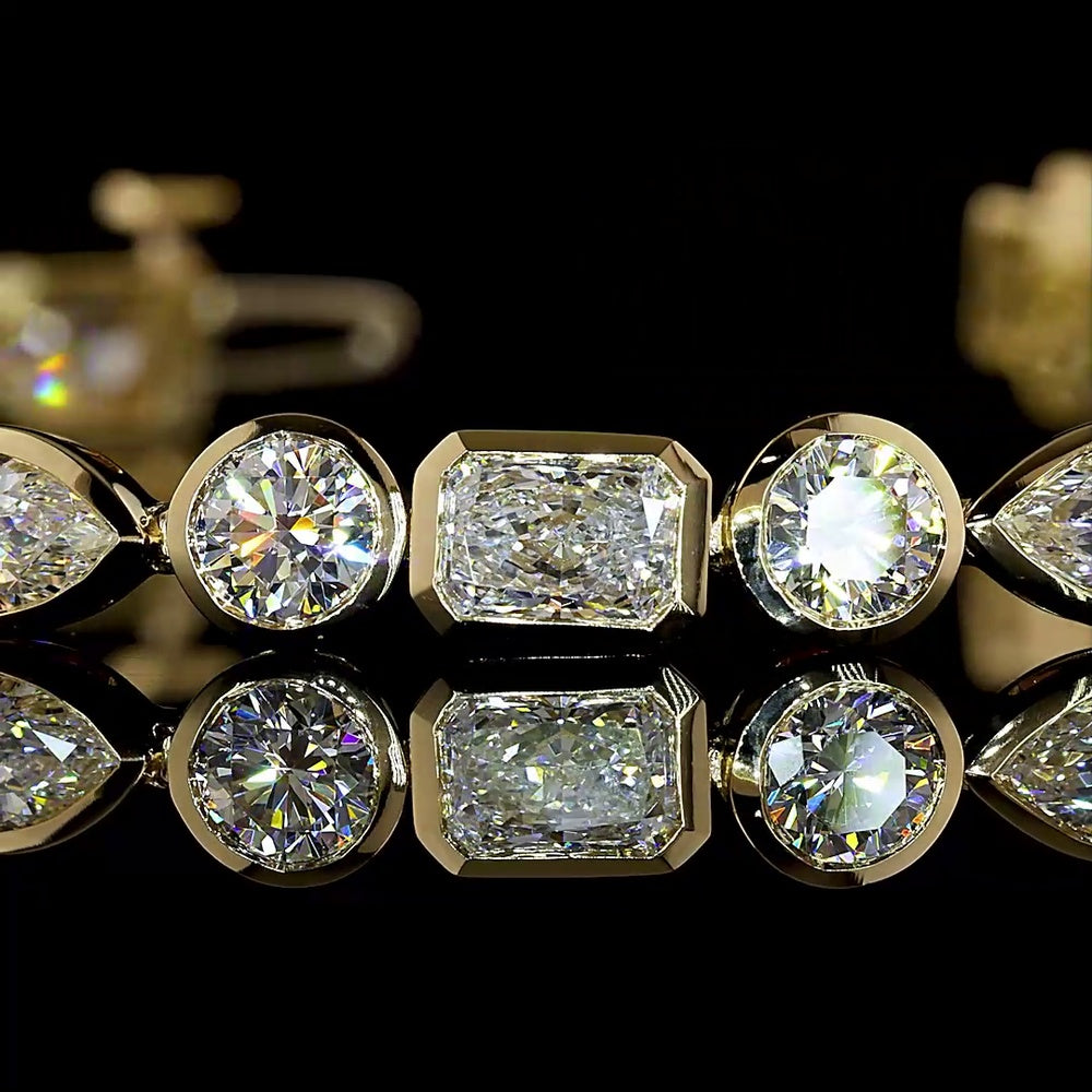 14K Yellow Gold 7.5" Mixed Shape Tennis Bracelet with Bezel Set East-West Marquise, Radiant, and Round Lab Diamonds - 8.1 Carat Total Weight - Covaloro Fine Jewelry