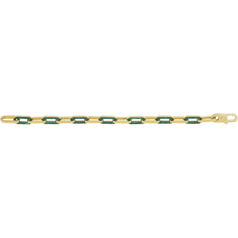 14K Yellow Gold 7.5" Paperclip Fancy Link Bracelet with Polished Green Malachite Stones by Orozza Fine Jewelry